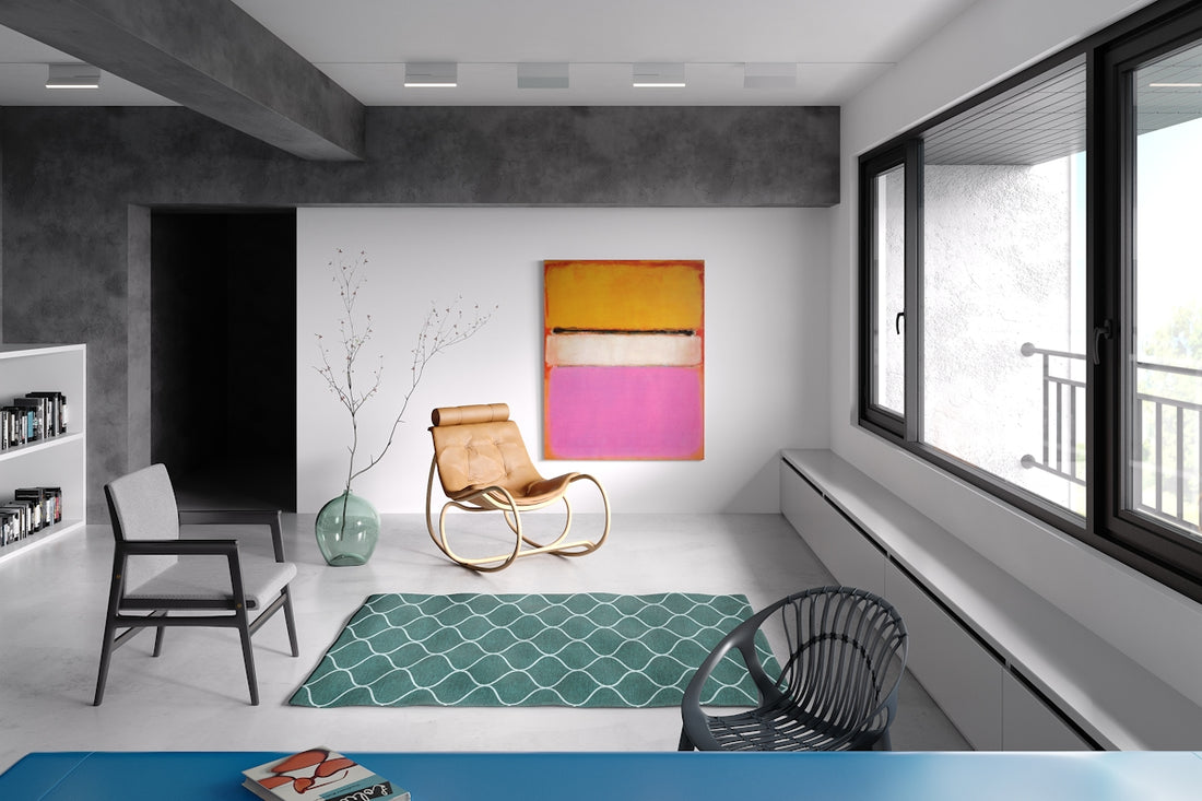 a modern living room with a rocking chair