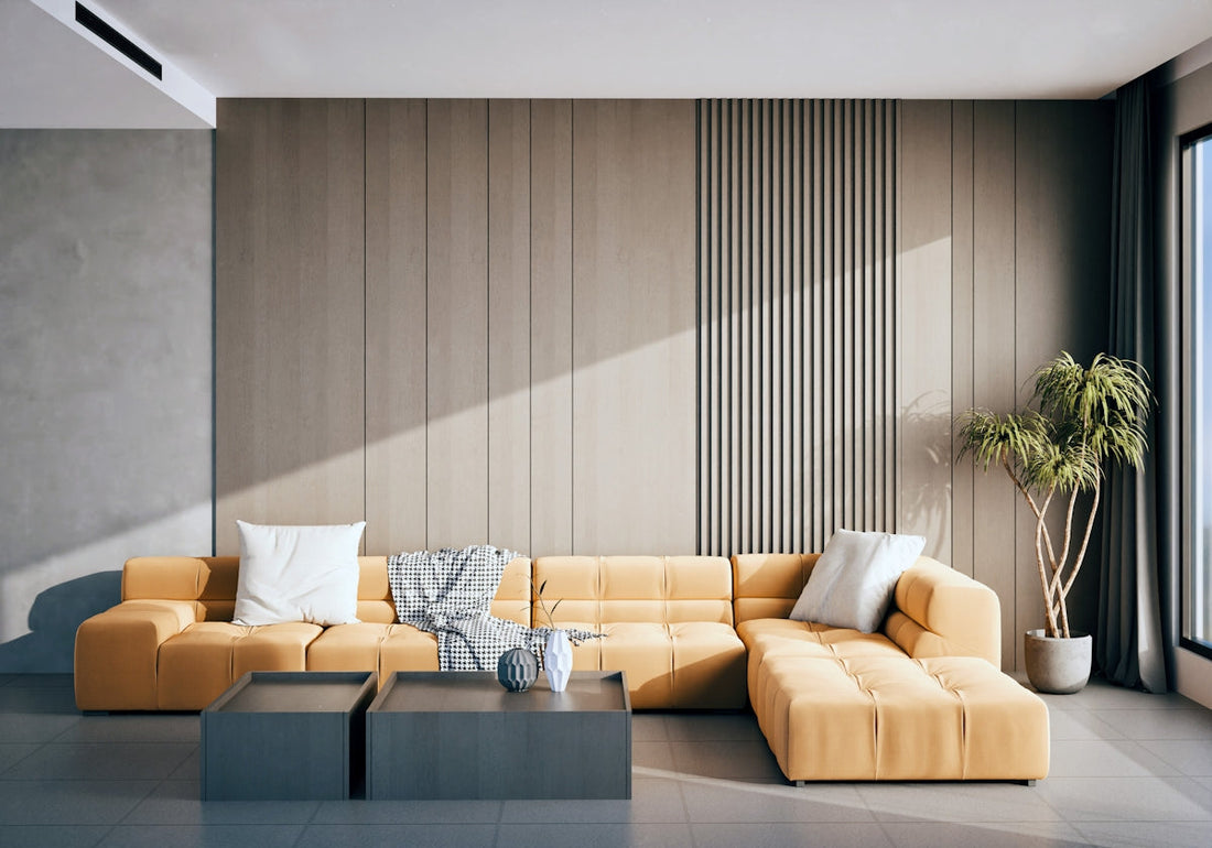 A modern living room with a yellow sofa.