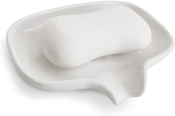 Multi-Color Ceramic Soap Dish for Kitchen or Bathroom, Easy to Clean, Self Draining Soap Holder, Keeps Soap Dry (White)