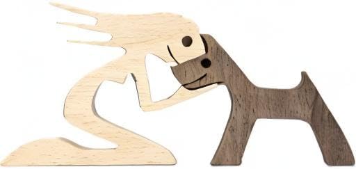 BOBO BIRD Wooden Dog Cat Family Statue, Handmade Wood Decoration, Cute Puppy, Kitty and People Sculpture Ornament Collectible Figurine Craft Arts for Home Office Living Room (Women+Puppy(L))