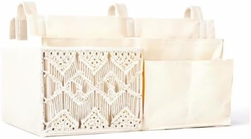 Mkono Bedside Caddy Hanging Organizer, Bunk Woven 7 Pockets Bed Storage Bag Boho Remote Magazine Books Holder with Macrame for Loft Bed College Dorm Bedroom Baby Bed Rails, Ivory