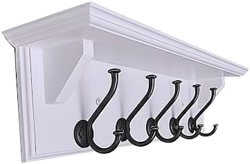 Wall Coat Rack with Shelf – 24” Entryway Shelf with Hooks – Solid Wood Key Rack with 5 Metal Hooks – White Wall Mounted Coat Organizer for Entryway, Kitchen or Bathroom