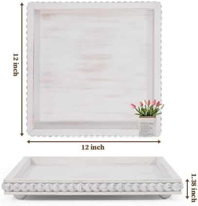 HPC Decor 12in Square Decorative Tray for Home Decor- White Wood Beaded Tray- Decorative Square Tray for Living Room Decor, Coffee Table Decor, Kitchen Table Decor or Farmhouse Serving Tray