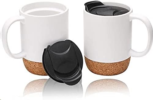 Coffee Mug Set of 2, 15 OZ Large Coffee Mugs with Handle for Tea, Ceramic Mug with Cork Bottom and Lid, Coffee Cups for Women and Men (White)