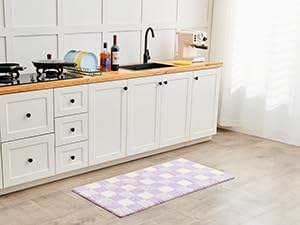 CozeCube Checkered Bath mats Non Slip, Fluffy Absorbent Microfiber Runner Bath mat Washable, Aesthetic Bathroom Rugs, Long Bath mat for Bathroom Floor, Tub and Shower, Purple, 47"X24"