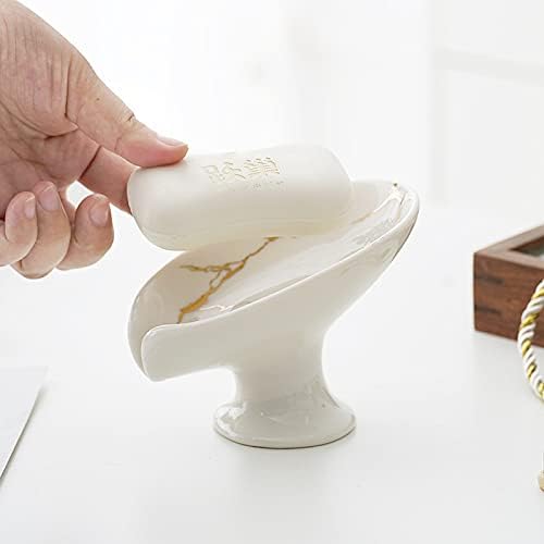 Soap Dish, Ceramic Soap Holder, Self Draining Soap Dish Holder, Leaf Shape Soap Bar Holder (White)