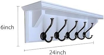 Wall Coat Rack with Shelf – 24” Entryway Shelf with Hooks – Solid Wood Key Rack with 5 Metal Hooks – White Wall Mounted Coat Organizer for Entryway, Kitchen or Bathroom