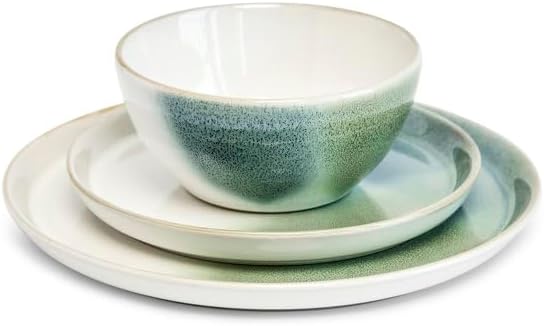 Sango 12-Piece Stoneware Dinnerware Set Color Block Reactive – Service for 4, Dinner Plates, Salad Plates & Cereal Bowls, Durable Stoneware, Dishwasher Safe, for Everyday Dining & Entertainment