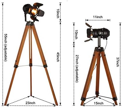 Industrial floor lamps for Living Room, Farmhouse Tripod Lamp for Bedrooms Vintage Steampunk Adjustable 55" Black Metal Camera Wooden Tall Standing Lights for Study Corner, Office (No E26 Bulb)