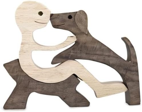Unique Gift Hand Carved Wooden Man and Dog Statue, Wood Human Dog Figurine Sculpture Home Office Décor, Remember Friendship Between Dog and People (Relaxing Man and Dog)