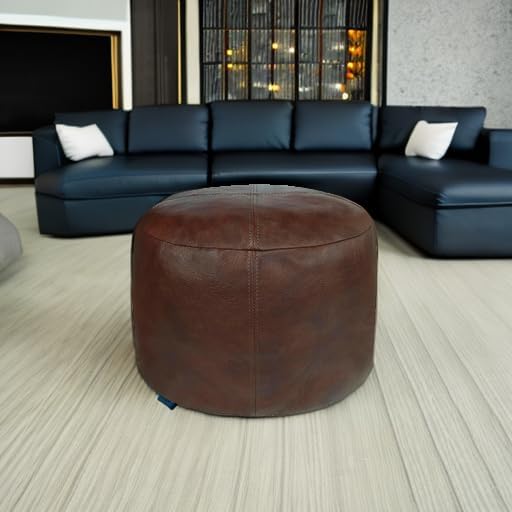 Thgonwid Unstuffed Faux Leather Pouf Cover, Handmade Footstool Ottoman Storage Solution, Floor Footrest Cushion - 16.5”Dx12”H, Matte Coffee