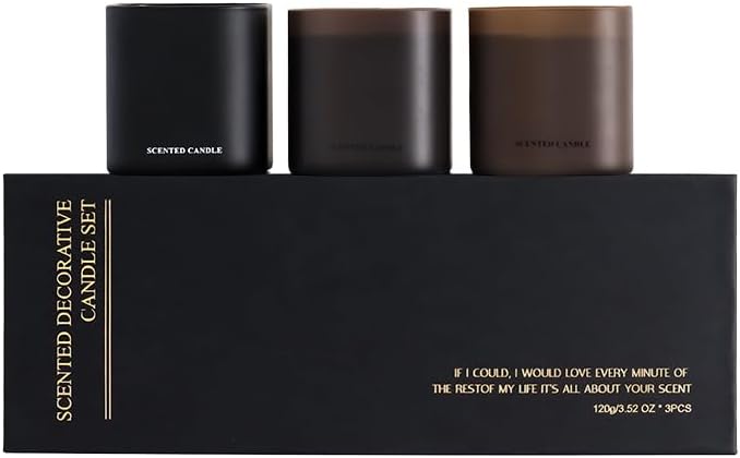 Set of 3 Scented Soy Candles Gift Set 3 Scented Candles, Champagne+Red Teak+Amber Allure,Each Candle Burns for 40-50 Hours, Allowing You to Enjoy Wonderful Aromas for Many Evenings.