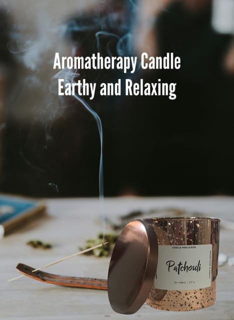 Patchouli Sandalwood Non-Toxic Candle - Long Lasting Aromatherapy Candle for Relaxation and Meditation - Earthy Fragrance - Patchouli-Essential Oil and Soy Wax, Healthy Candles