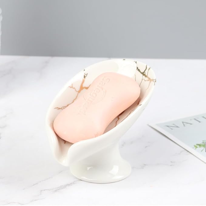 Soap Dish, Ceramic Soap Holder, Self Draining Soap Dish Holder, Leaf Shape Soap Bar Holder (White)