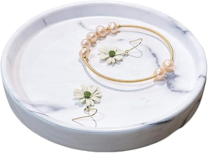 Elegant Marbled Round Jewelry Dish Key Holder, White Ceramic Vanity Tray Bathroom Organizer for Soap Perfume Candle Small Plant, Mini Dresser Organizer Home Decor(Grey Striped, Circular, 4.7")
