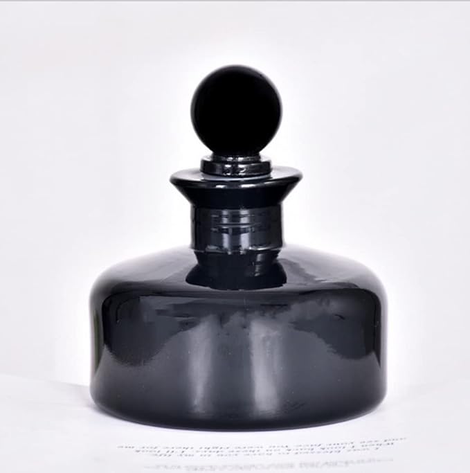 QUUPY 200ml Empty Glass Diffuser Bottle Round Aromatherapy Jar Container Essential Oil Perfume Fragrance Accessories for DIY Replacement Reed Sticks Crafts Decor Black