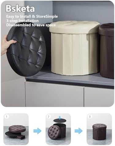 Bsketa® Folding Storage Ottoman Round 14" x 14" x 13"Inch, Foot Stool with Thicker Foam Padded Seat Small Leather Storage Ottoman Bench Foot Rest for Living Room Foldable Coffee Table,Brown