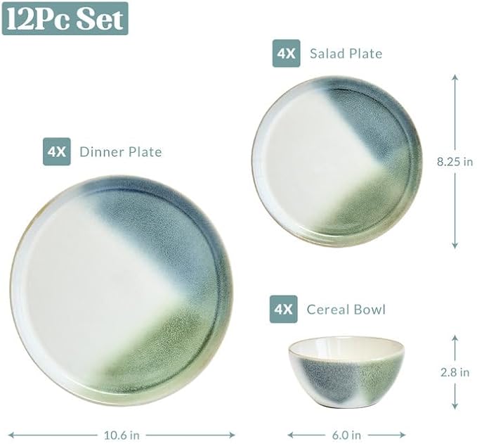 Sango 12-Piece Stoneware Dinnerware Set Color Block Reactive – Service for 4, Dinner Plates, Salad Plates & Cereal Bowls, Durable Stoneware, Dishwasher Safe, for Everyday Dining & Entertainment
