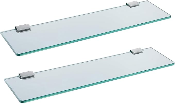Glass Bathroom Shelf Wall Mounted 13.77 inches Tempered Glass Stainless Steel Tempered Transparent Glass with Chrome Bracket for Bathroom Bedroom Kitchen (2PC)