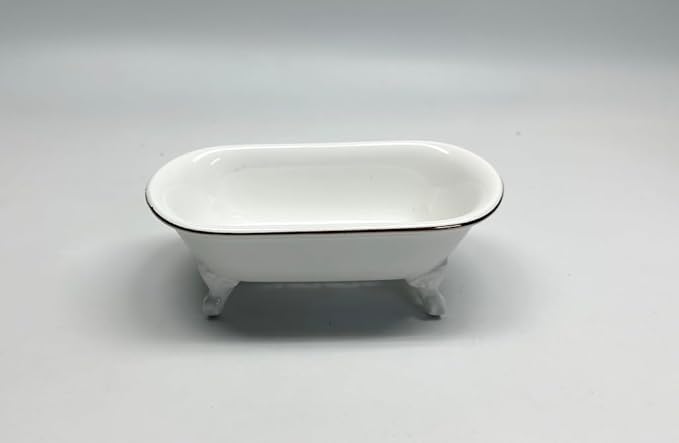 6.5" Ceramic Mini Decorative Clawfoot Bathtub Bar Soap Dish, Kitchen Sponge Holder and Shower Tray for Bathroom, 1 Pack (White Gold Rim)
