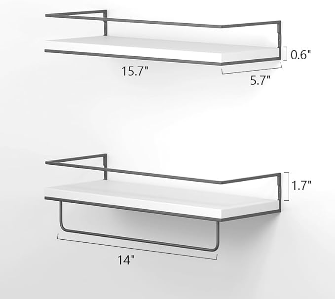 Shario Floating Shelves - Set of 2, Wall Mounted Hanging Shelves with Golden Towel Rack, Decorative Storage Shelves for Bathroom, Kitchen, Living Room & Bedroom (White Grey)