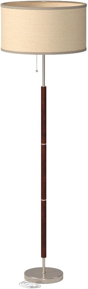 Brightech Carter LED Floor Lamp, Walnut Wood Finish, Mid-Century Modern Drum Shade for Living Room & Office Decor