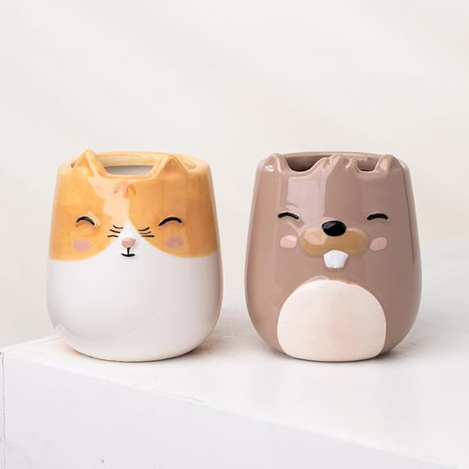 Beaver Animal Ceramic Planter for Indoor and Outdoors, 3 x 3 x 4 in., Cute Hand Painted Designed in Argentina, Convenient Drain Hole