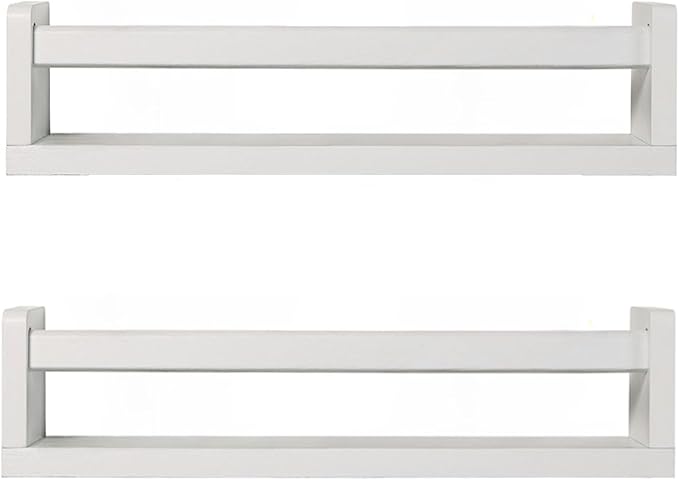 Nursery Book Shelves | Set of 2 Wood Floating Shelves for Kids Room, Kitchen Spice Rack, or Rustic Wall Mounted | Farmhouse Bathroom Décor (Rustic White)