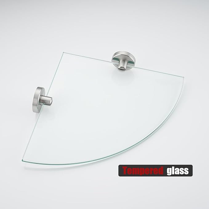 JQK Corner Glass Shelf, Brushed Steel Bathroom 304 Stainless Steel Shower Triangle Floating Wall Shelf, 10 x 10 Tempered Glass, 3 Pack, TGS190L10-BN-P3