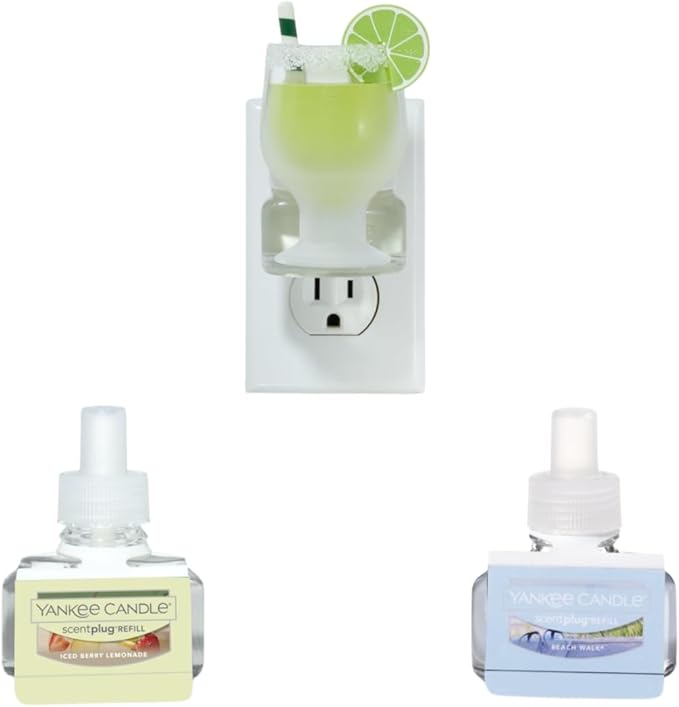 Yankee Candle Tropical Smash Variety Pack - Scent Plug Diffuser Margarita With Light Sensor, Scent Plug Refill Iced Berry Lemonade and Beach Walk Variety Pack