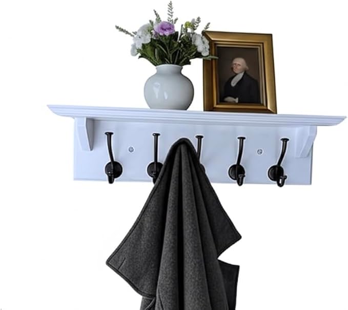 Wall Coat Rack with Shelf – 24” Entryway Shelf with Hooks – Solid Wood Key Rack with 5 Metal Hooks – White Wall Mounted Coat Organizer for Entryway, Kitchen or Bathroom
