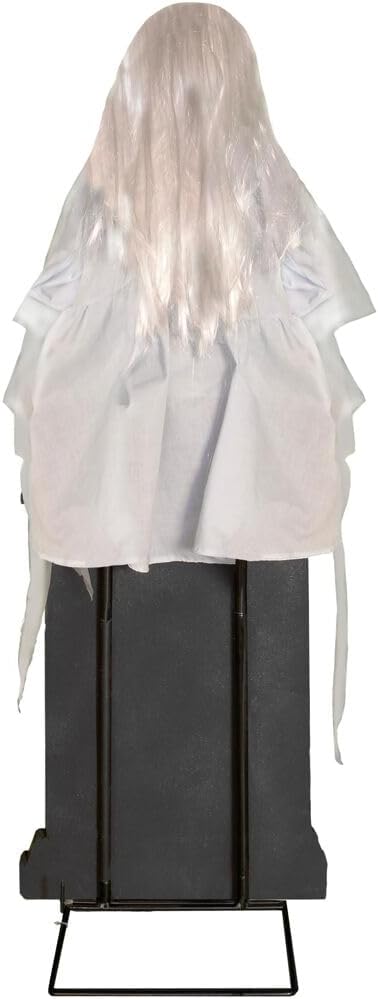 Haunted Hill Farm Motion-Activated Sitting Tombstone Girl by Tekky, Talking Animatronic for Indoor or Covered Outdoor Creepy Halloween Decorations, Plug-In or Battery Operated Prop