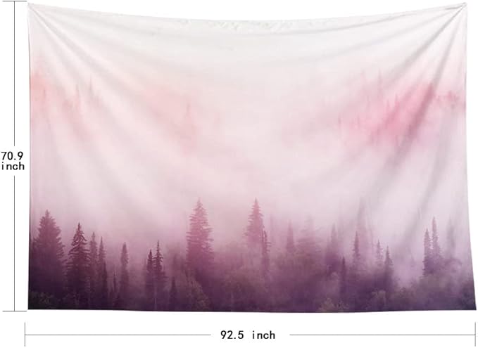 EMMTEEY Foggy Forest in the Pink Mist at Sunup - Pink Aesthetic Tapestry 92.5x70.9