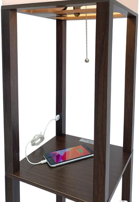 HomeFocus - LED Floor Lamp with Shelves,Floor Lamp with USB Charging,Shelf Floor Light,Corner Display Lamp for Living Room,Bedroom and Office,Wood,Brown.