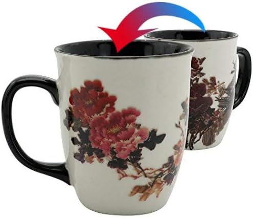 Heat Changing Magic Porcelain Coffee Mug for Mom Gifts Funny Tea Mug 16 oz Black Change into Multi Color Peony Painting