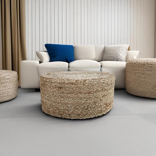 Scandilivin Homes Pouf Ottoman - 100% Natural Jute Braided- Footrest Pouf Hand Knitted - Traditional Cord Boho Pouffe - for The Living Room, Bedroom, Nursery, Patio, Lounge (20" x 20" x 10")