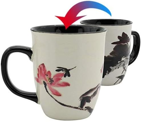 Funny Ceramic Magic Heat Color Changing Art Coffee Tea Mug Lotus Printing Porcelain Mugs for Women Personalized White Green Tea Cup 16 oz Large Coffee Mug for Mom Girl Grandma And Man