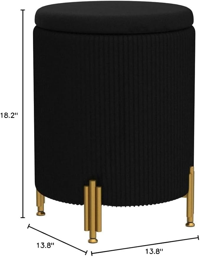 Mxfurhawa Round Ottoman Foot Stool with Storage and Metal Legs for Living Room Bedroom, Velvet Upholstered Footrest Stool Support 300lbs Modern Padded Seat Ottoman Coffee Table (Black)