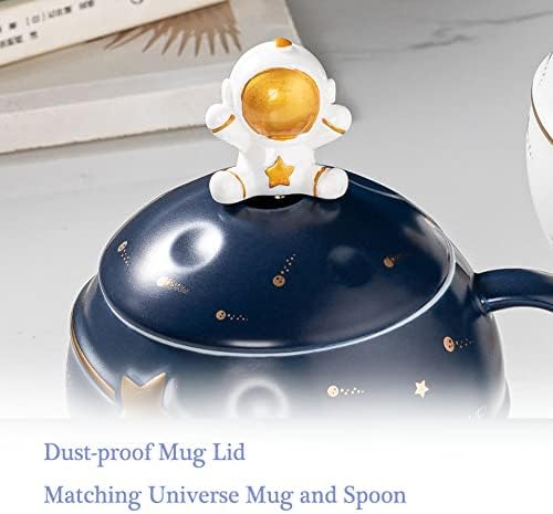 Kawaii Astronaut Cup Space Embossed Planet Mug, Cute Ceramic Coffee Mug, Novelty Mug with Lid and Spoon for Coffee, Tea, Milk, Aesthetic Room Decor Funny Gift for Girl Boy Women (Dark blue)