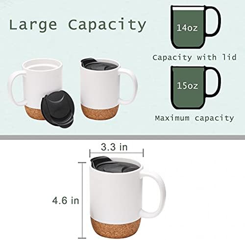 Coffee Mug Set of 2, 15 OZ Large Coffee Mugs with Handle for Tea, Ceramic Mug with Cork Bottom and Lid, Coffee Cups for Women and Men (White)
