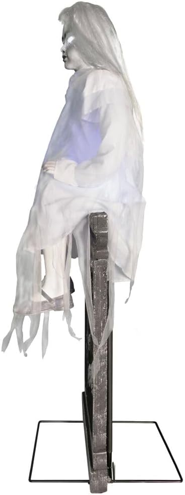 Haunted Hill Farm Motion-Activated Sitting Tombstone Girl by Tekky, Talking Animatronic for Indoor or Covered Outdoor Creepy Halloween Decorations, Plug-In or Battery Operated Prop
