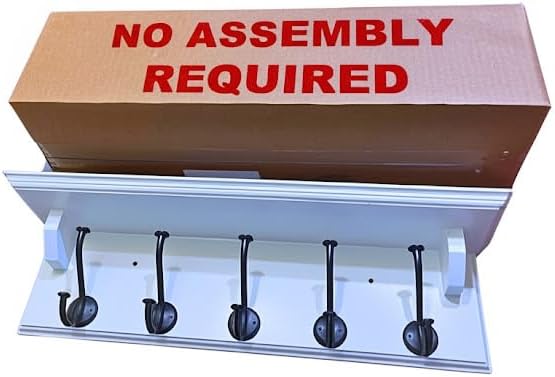 Wall Coat Rack with Shelf – 24” Entryway Shelf with Hooks – Solid Wood Key Rack with 5 Metal Hooks – White Wall Mounted Coat Organizer for Entryway, Kitchen or Bathroom