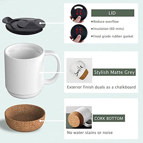 Coffee Mug Set of 2, 15 OZ Large Coffee Mugs with Handle for Tea, Ceramic Mug with Cork Bottom and Lid, Coffee Cups for Women and Men (White)