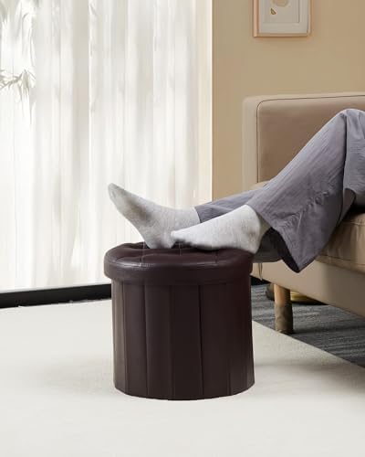 Bsketa® Folding Storage Ottoman Round 14" x 14" x 13"Inch, Foot Stool with Thicker Foam Padded Seat Small Leather Storage Ottoman Bench Foot Rest for Living Room Foldable Coffee Table,Brown