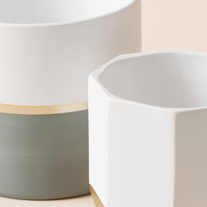 LA JOLIE MUSE Large White Ceramic Plant Pots - Garden Planters 10 + 8.1 Inch Indoor Flower Pots, Plant Containers with Gold and Grey Detailing