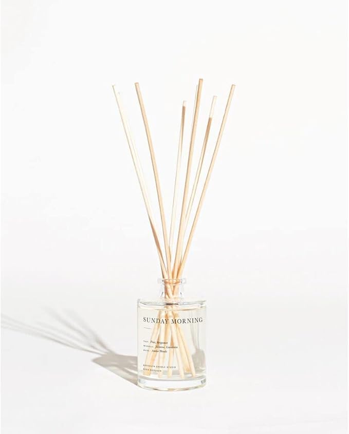 Brooklyn Candle Studio Reed Scent Diffuser - Sunday Morning - Relaxing Oil Diffuser, Pear, Jasmine & Amber Fragrance, 8 Rattan Diffuser Reeds, Clean Ingredients - 3.7oz
