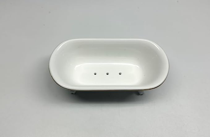 6.5" Ceramic Mini Decorative Clawfoot Bathtub Bar Soap Dish, Kitchen Sponge Holder and Shower Tray for Bathroom, 1 Pack (White Gold Rim)