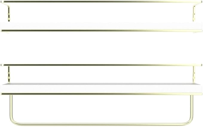 Shario White Floating Shelves - Set of 2, Wall Mounted Hanging Shelves with Golden Towel Rack, Decorative Storage Shelves for Bathroom, Kitchen, Living Room & Bedroom (White)
