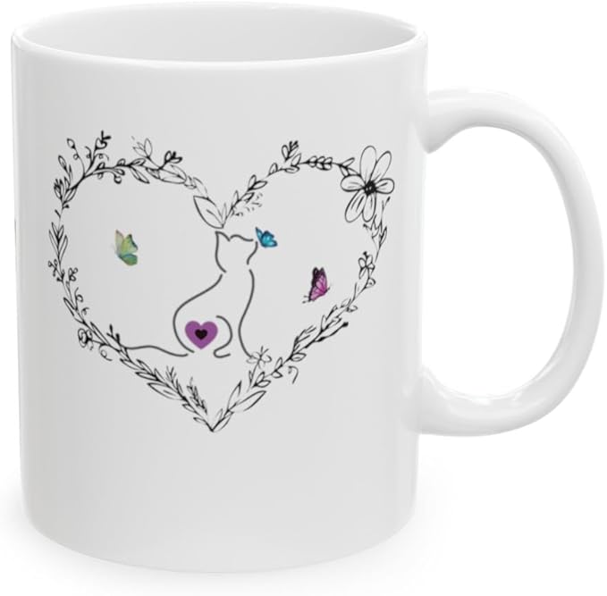Cat Kissing a Butterfly Ceramic Coffee Mugs for Women, Black Heart Mug with a Kitty Kissing Butterflies, Cute Mugs Aesthetic (11oz), White, 17390492692989885872