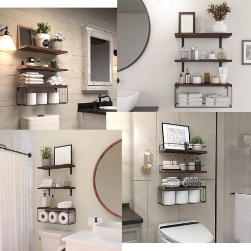 Towel Racks for Bathroom Wall Mounted,3PCS Floating Shelves with Storage Basket, Bathroom Organizers, Wall Mounted Rustic Wood Shelves for Bedroom, Living Room, Kitchen(Dark Brown)